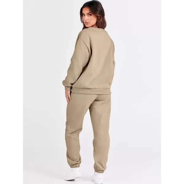 imageANRABESS Womens Two Piece Outfits Long Sleeve Crewneck Sweatsuit with Jogger Pants Lounge Sets with PocketsBrown