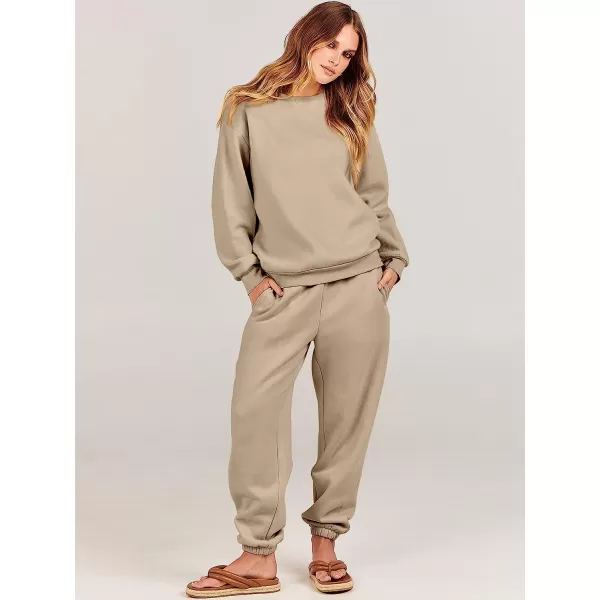 imageANRABESS Womens Two Piece Outfits Long Sleeve Crewneck Sweatsuit with Jogger Pants Lounge Sets with PocketsBrown