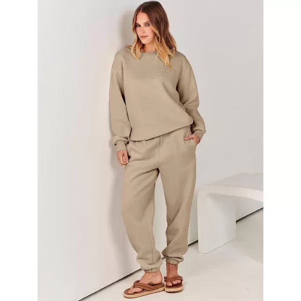 imageANRABESS Womens Two Piece Outfits Long Sleeve Crewneck Sweatsuit with Jogger Pants Lounge Sets with PocketsBrown