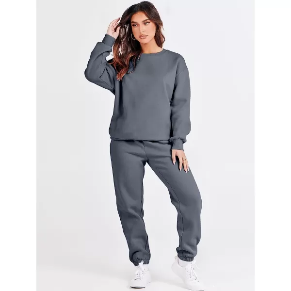 imageANRABESS Womens Two Piece Outfits Long Sleeve Crewneck Sweatsuit with Jogger Pants Lounge Sets with PocketsDark Grey