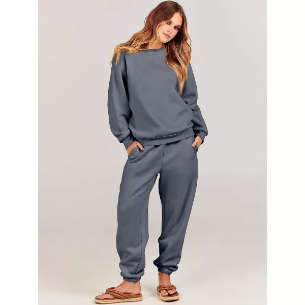 imageANRABESS Womens Two Piece Outfits Long Sleeve Crewneck Sweatsuit with Jogger Pants Lounge Sets with PocketsDark Grey