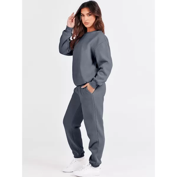 imageANRABESS Womens Two Piece Outfits Long Sleeve Crewneck Sweatsuit with Jogger Pants Lounge Sets with PocketsDark Grey