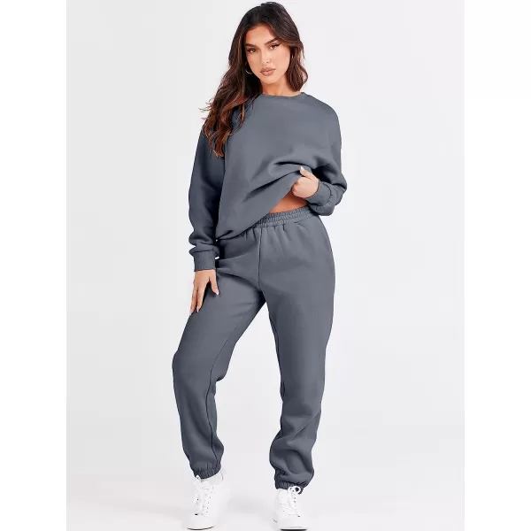 imageANRABESS Womens Two Piece Outfits Long Sleeve Crewneck Sweatsuit with Jogger Pants Lounge Sets with PocketsDark Grey