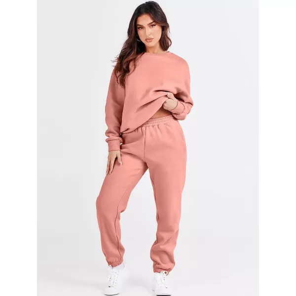 imageANRABESS Womens Two Piece Outfits Long Sleeve Crewneck Sweatsuit with Jogger Pants Lounge Sets with PocketsDark Pink