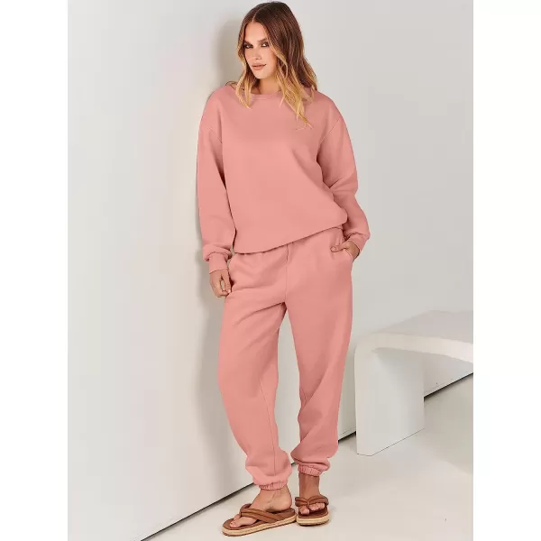imageANRABESS Womens Two Piece Outfits Long Sleeve Crewneck Sweatsuit with Jogger Pants Lounge Sets with PocketsDark Pink