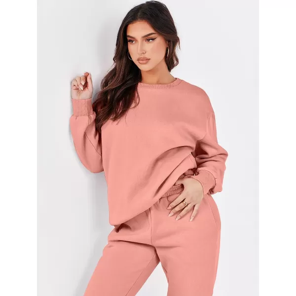 imageANRABESS Womens Two Piece Outfits Long Sleeve Crewneck Sweatsuit with Jogger Pants Lounge Sets with PocketsDark Pink