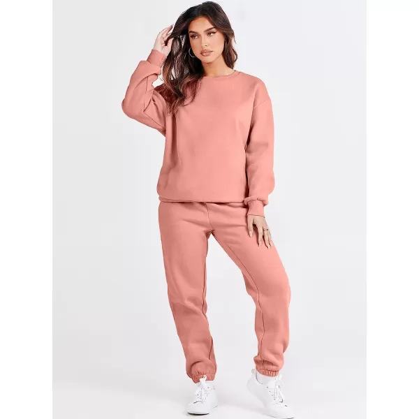 imageANRABESS Womens Two Piece Outfits Long Sleeve Crewneck Sweatsuit with Jogger Pants Lounge Sets with PocketsDark Pink