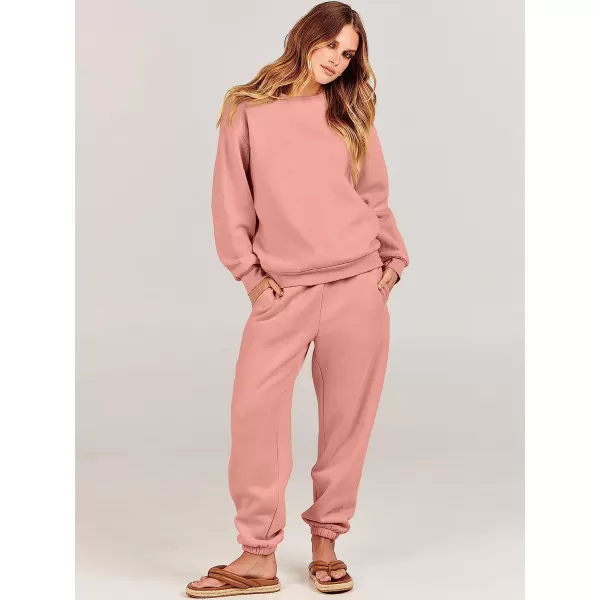 imageANRABESS Womens Two Piece Outfits Long Sleeve Crewneck Sweatsuit with Jogger Pants Lounge Sets with PocketsDark Pink