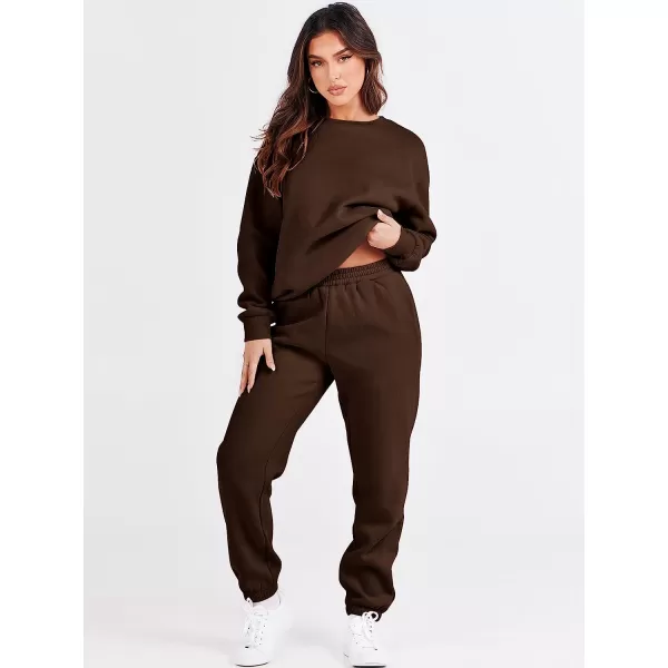 imageANRABESS Womens Two Piece Outfits Long Sleeve Crewneck Sweatsuit with Jogger Pants Lounge Sets with PocketsDrek Coffee