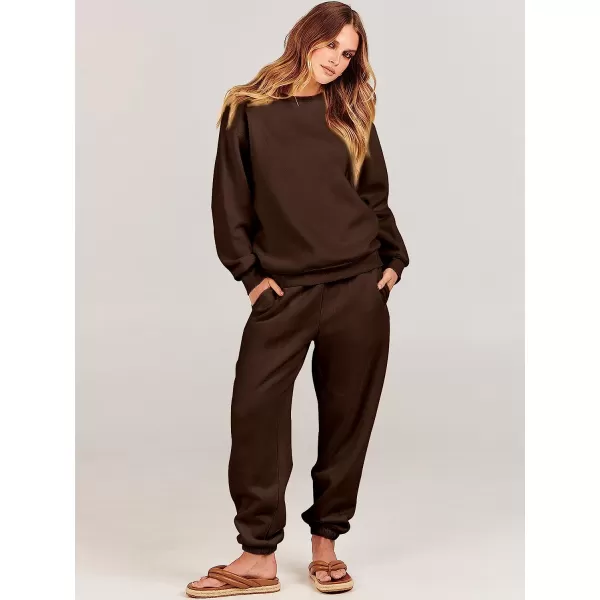 imageANRABESS Womens Two Piece Outfits Long Sleeve Crewneck Sweatsuit with Jogger Pants Lounge Sets with PocketsDrek Coffee