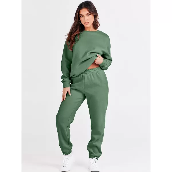 imageANRABESS Womens Two Piece Outfits Long Sleeve Crewneck Sweatsuit with Jogger Pants Lounge Sets with PocketsGreen