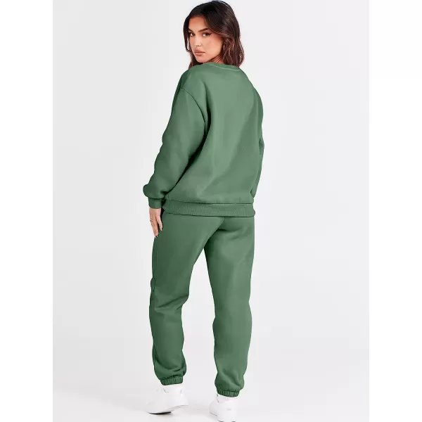 imageANRABESS Womens Two Piece Outfits Long Sleeve Crewneck Sweatsuit with Jogger Pants Lounge Sets with PocketsGreen