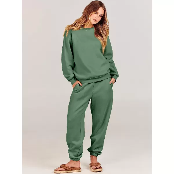 imageANRABESS Womens Two Piece Outfits Long Sleeve Crewneck Sweatsuit with Jogger Pants Lounge Sets with PocketsGreen