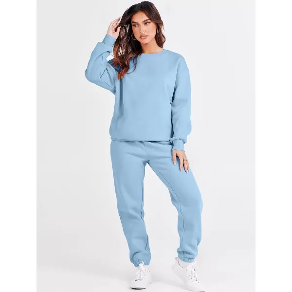 imageANRABESS Womens Two Piece Outfits Long Sleeve Crewneck Sweatsuit with Jogger Pants Lounge Sets with PocketsSky