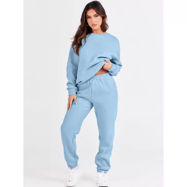 imageANRABESS Womens Two Piece Outfits Long Sleeve Crewneck Sweatsuit with Jogger Pants Lounge Sets with PocketsSky