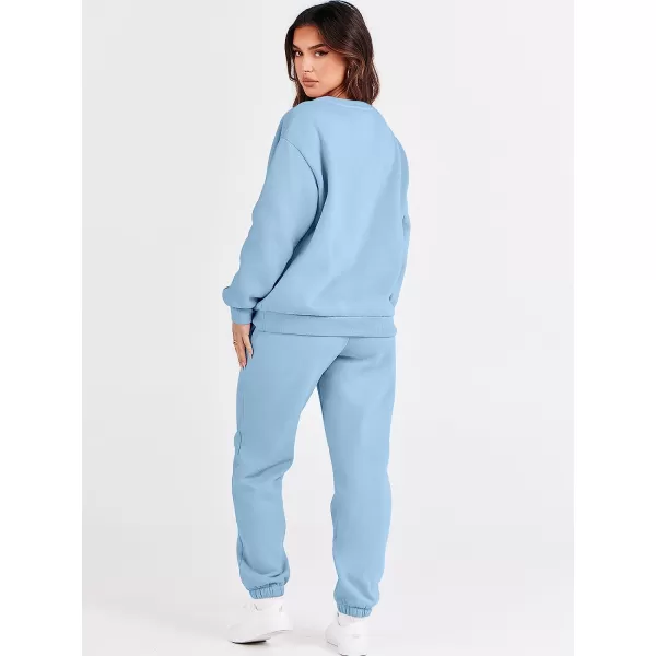 imageANRABESS Womens Two Piece Outfits Long Sleeve Crewneck Sweatsuit with Jogger Pants Lounge Sets with PocketsSky
