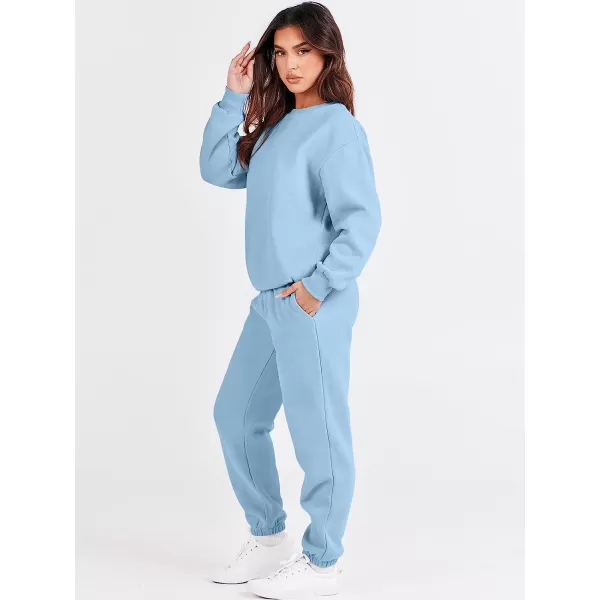 imageANRABESS Womens Two Piece Outfits Long Sleeve Crewneck Sweatsuit with Jogger Pants Lounge Sets with PocketsSky