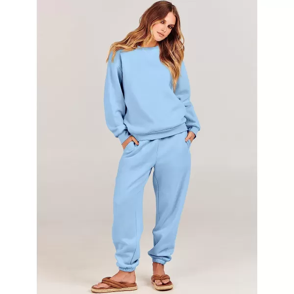 imageANRABESS Womens Two Piece Outfits Long Sleeve Crewneck Sweatsuit with Jogger Pants Lounge Sets with PocketsSky
