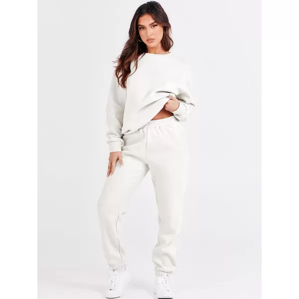 imageANRABESS Womens Two Piece Outfits Long Sleeve Crewneck Sweatsuit with Jogger Pants Lounge Sets with PocketsWhite