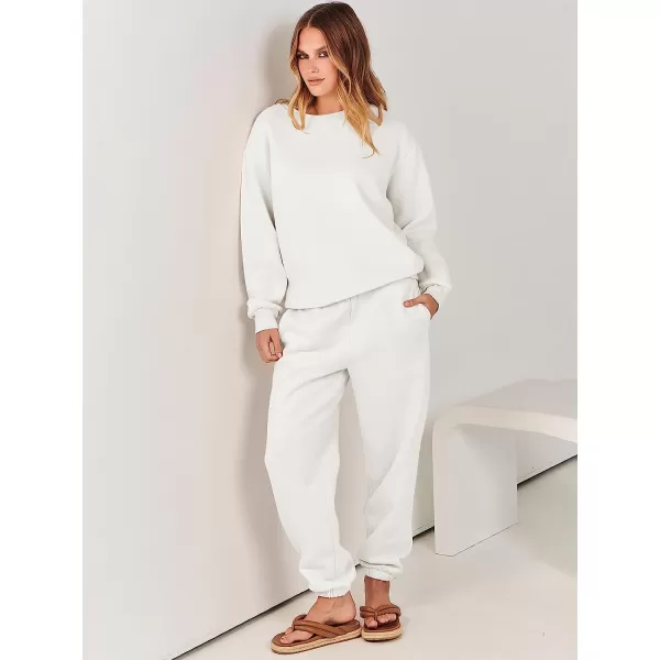 imageANRABESS Womens Two Piece Outfits Long Sleeve Crewneck Sweatsuit with Jogger Pants Lounge Sets with PocketsWhite