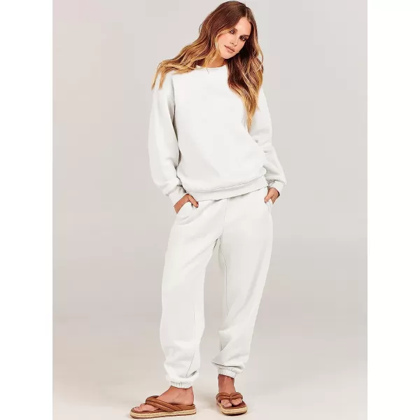 imageANRABESS Womens Two Piece Outfits Long Sleeve Crewneck Sweatsuit with Jogger Pants Lounge Sets with PocketsWhite