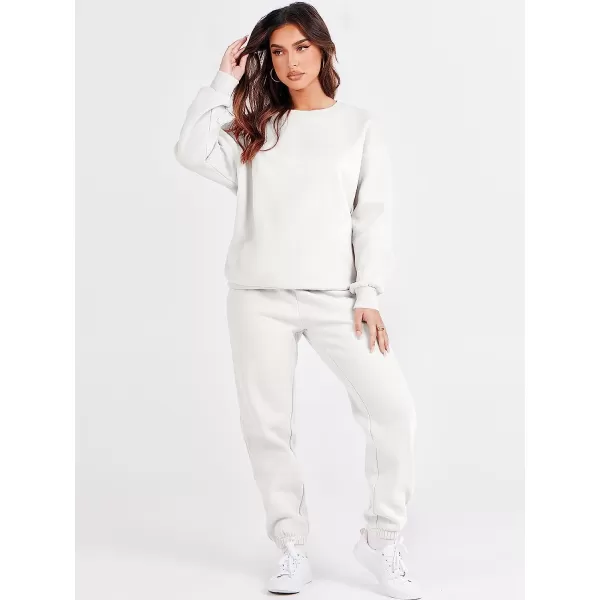 imageANRABESS Womens Two Piece Outfits Long Sleeve Crewneck Sweatsuit with Jogger Pants Lounge Sets with PocketsWhite