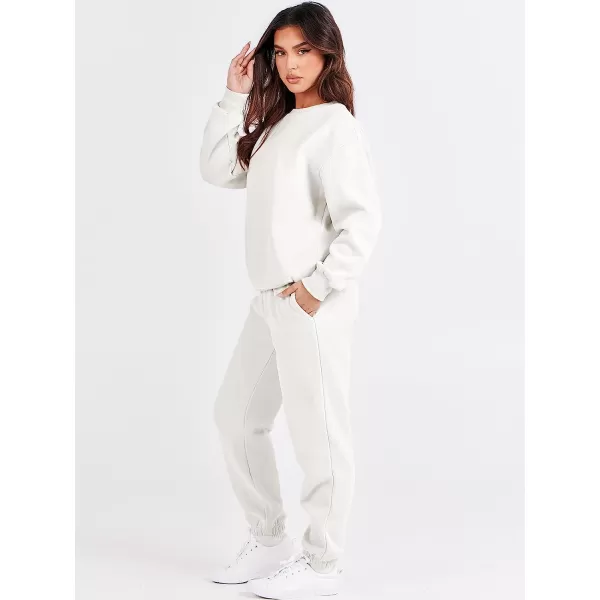 imageANRABESS Womens Two Piece Outfits Long Sleeve Crewneck Sweatsuit with Jogger Pants Lounge Sets with PocketsWhite