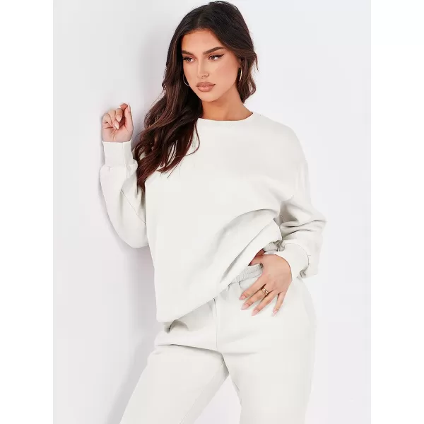 imageANRABESS Womens Two Piece Outfits Long Sleeve Crewneck Sweatsuit with Jogger Pants Lounge Sets with PocketsWhite