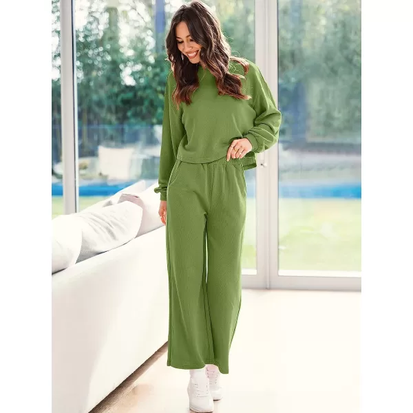 imageANRABESS Womens Two Piece Outfits Long Sleeve Crop Top Wide Leg Pants Knit Sweatsuit Loungewear Sweatsuit SetArmygreen