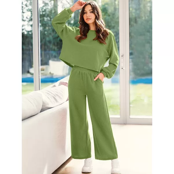 imageANRABESS Womens Two Piece Outfits Long Sleeve Crop Top Wide Leg Pants Knit Sweatsuit Loungewear Sweatsuit SetArmygreen