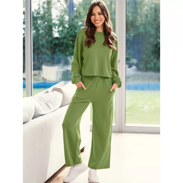 imageANRABESS Womens Two Piece Outfits Long Sleeve Crop Top Wide Leg Pants Knit Sweatsuit Loungewear Sweatsuit SetArmygreen
