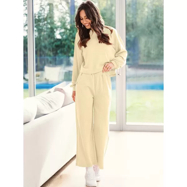 imageANRABESS Womens Two Piece Outfits Long Sleeve Crop Top Wide Leg Pants Knit Sweatsuit Loungewear Sweatsuit SetBeige