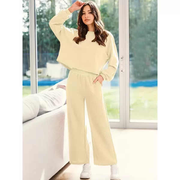 imageANRABESS Womens Two Piece Outfits Long Sleeve Crop Top Wide Leg Pants Knit Sweatsuit Loungewear Sweatsuit SetBeige