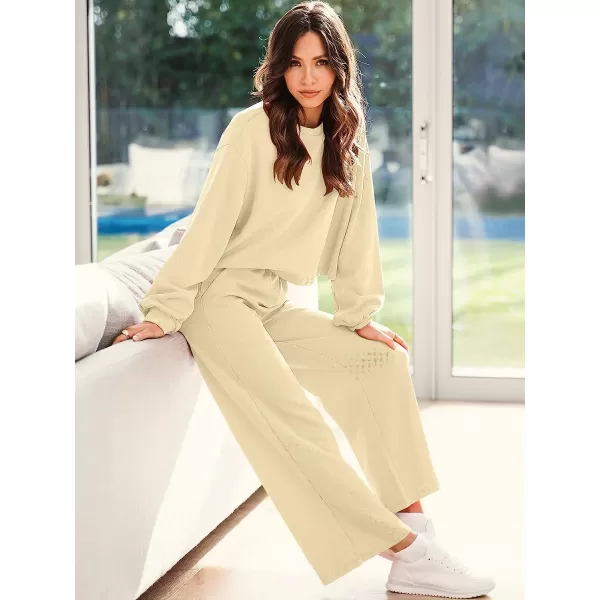 imageANRABESS Womens Two Piece Outfits Long Sleeve Crop Top Wide Leg Pants Knit Sweatsuit Loungewear Sweatsuit SetBeige