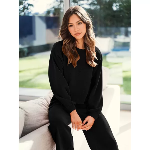 imageANRABESS Womens Two Piece Outfits Long Sleeve Crop Top Wide Leg Pants Knit Sweatsuit Loungewear Sweatsuit SetBlack