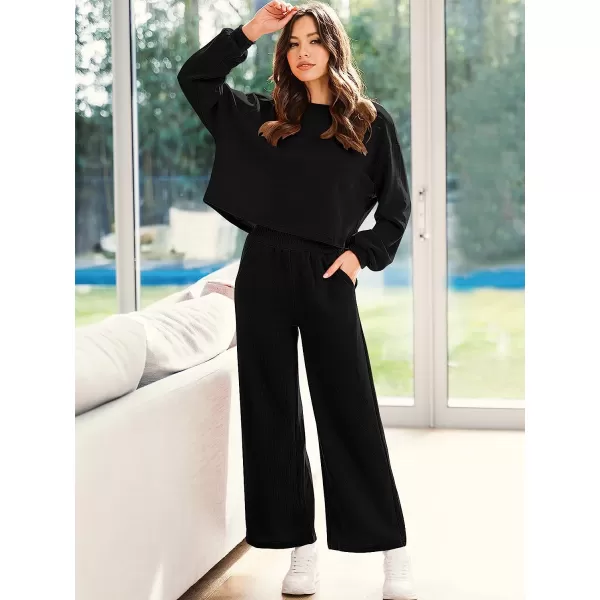 imageANRABESS Womens Two Piece Outfits Long Sleeve Crop Top Wide Leg Pants Knit Sweatsuit Loungewear Sweatsuit SetBlack