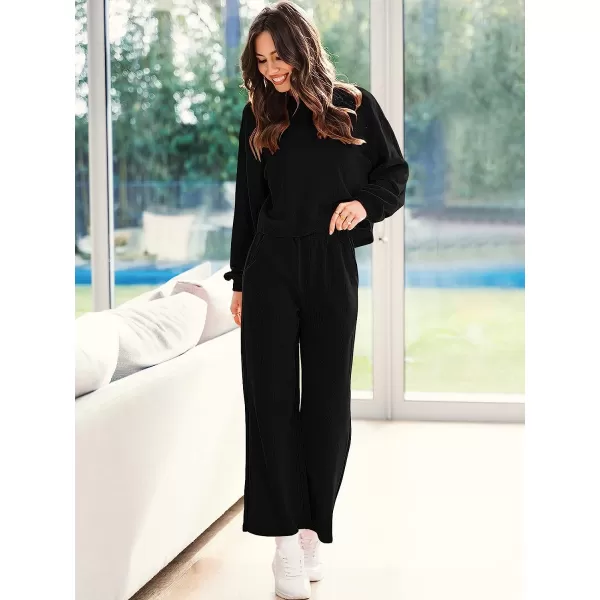 imageANRABESS Womens Two Piece Outfits Long Sleeve Crop Top Wide Leg Pants Knit Sweatsuit Loungewear Sweatsuit SetBlack