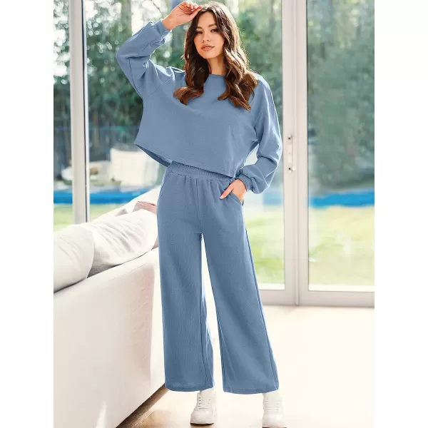 imageANRABESS Womens Two Piece Outfits Long Sleeve Crop Top Wide Leg Pants Knit Sweatsuit Loungewear Sweatsuit SetBlue