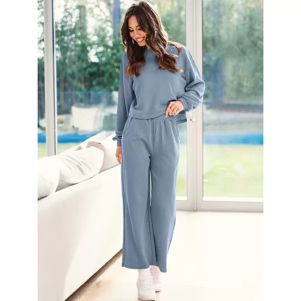 imageANRABESS Womens Two Piece Outfits Long Sleeve Crop Top Wide Leg Pants Knit Sweatsuit Loungewear Sweatsuit SetBlue
