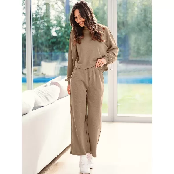 imageANRABESS Womens Two Piece Outfits Long Sleeve Crop Top Wide Leg Pants Knit Sweatsuit Loungewear Sweatsuit SetBrown