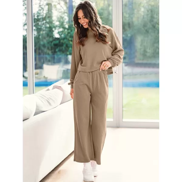 imageANRABESS Womens Two Piece Outfits Long Sleeve Crop Top Wide Leg Pants Knit Sweatsuit Loungewear Sweatsuit SetBrown