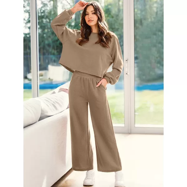imageANRABESS Womens Two Piece Outfits Long Sleeve Crop Top Wide Leg Pants Knit Sweatsuit Loungewear Sweatsuit SetBrown