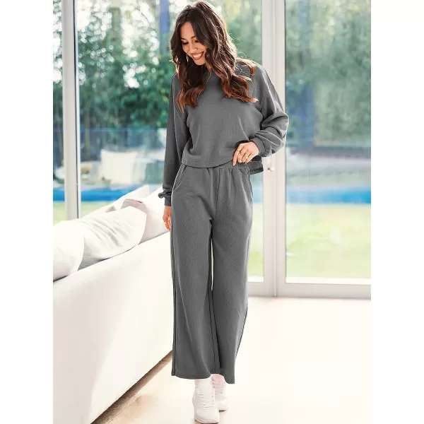 imageANRABESS Womens Two Piece Outfits Long Sleeve Crop Top Wide Leg Pants Knit Sweatsuit Loungewear Sweatsuit SetDark Gray