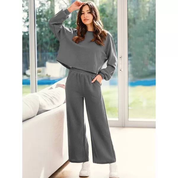 imageANRABESS Womens Two Piece Outfits Long Sleeve Crop Top Wide Leg Pants Knit Sweatsuit Loungewear Sweatsuit SetDark Gray