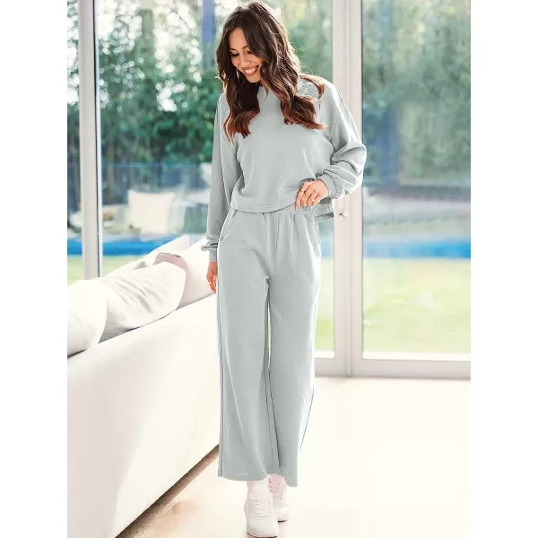 imageANRABESS Womens Two Piece Outfits Long Sleeve Crop Top Wide Leg Pants Knit Sweatsuit Loungewear Sweatsuit SetGray
