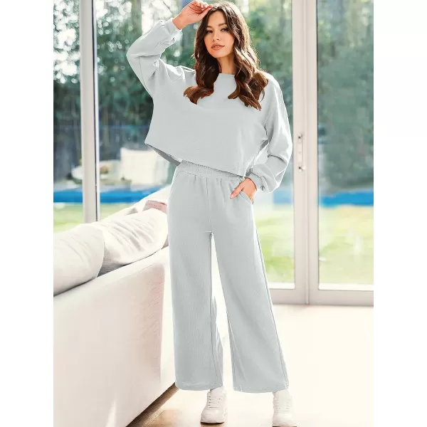 imageANRABESS Womens Two Piece Outfits Long Sleeve Crop Top Wide Leg Pants Knit Sweatsuit Loungewear Sweatsuit SetGray