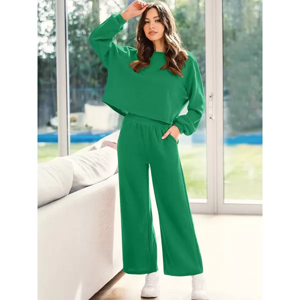 imageANRABESS Womens Two Piece Outfits Long Sleeve Crop Top Wide Leg Pants Knit Sweatsuit Loungewear Sweatsuit SetGreen