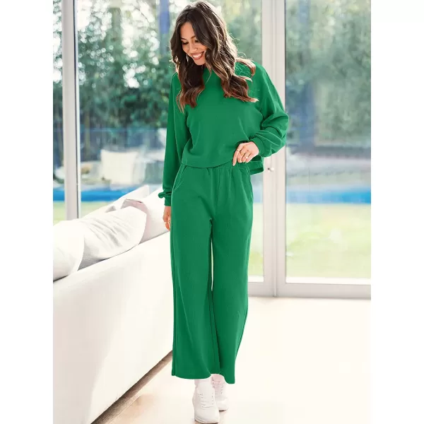imageANRABESS Womens Two Piece Outfits Long Sleeve Crop Top Wide Leg Pants Knit Sweatsuit Loungewear Sweatsuit SetGreen