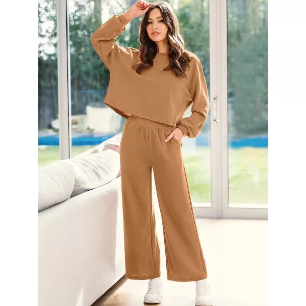 imageANRABESS Womens Two Piece Outfits Long Sleeve Crop Top Wide Leg Pants Knit Sweatsuit Loungewear Sweatsuit SetKhaki