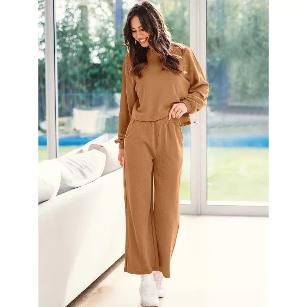imageANRABESS Womens Two Piece Outfits Long Sleeve Crop Top Wide Leg Pants Knit Sweatsuit Loungewear Sweatsuit SetKhaki